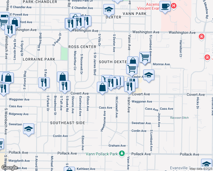 map of restaurants, bars, coffee shops, grocery stores, and more near 2905 Ravenswood Drive in Evansville