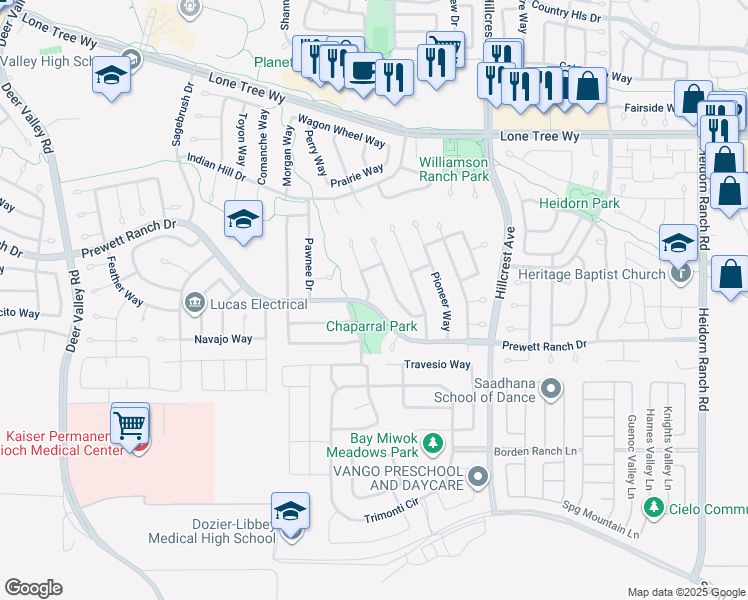 map of restaurants, bars, coffee shops, grocery stores, and more near 5165 Hereford Way in Antioch