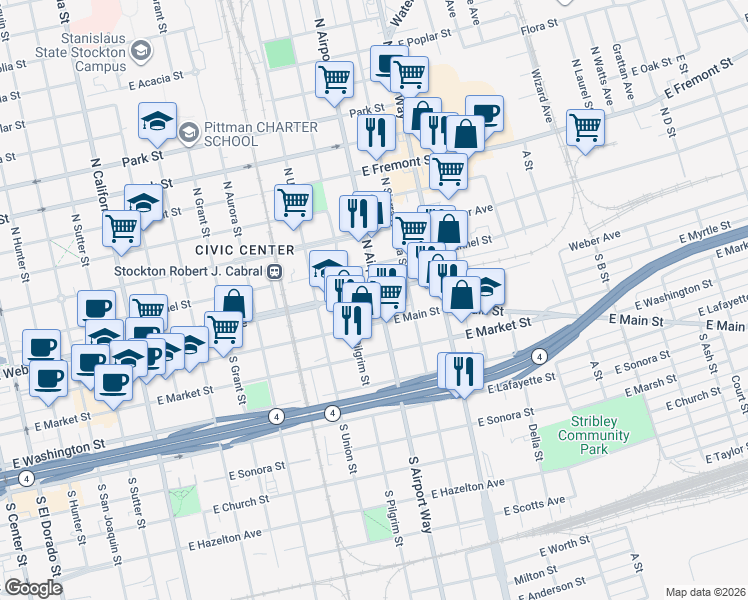 map of restaurants, bars, coffee shops, grocery stores, and more near 1228 East Weber Avenue in Stockton