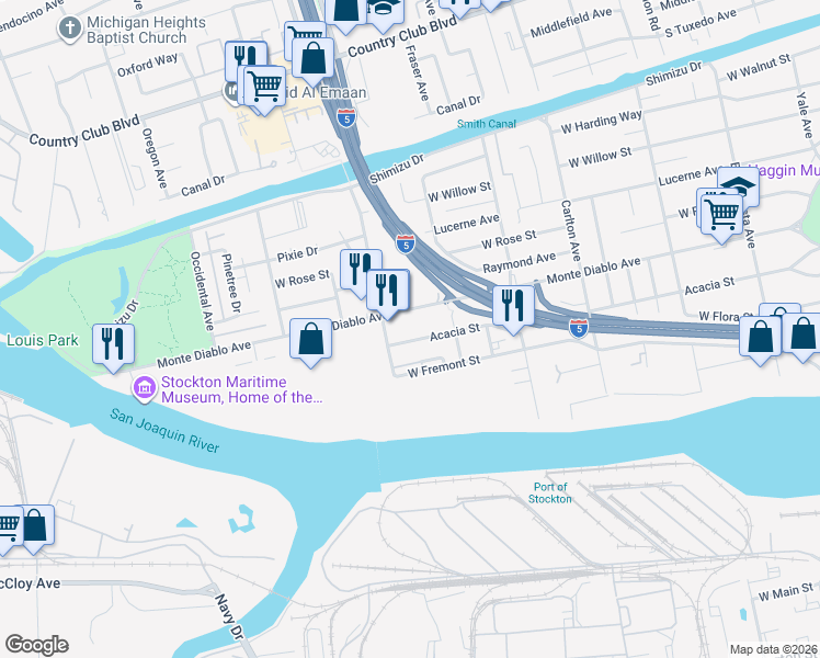 map of restaurants, bars, coffee shops, grocery stores, and more near 2611 Acacia Street in Stockton