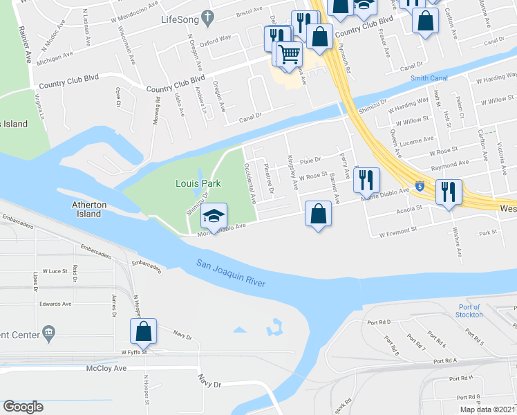 map of restaurants, bars, coffee shops, grocery stores, and more near 2240 De Ovan Ave in Stockton