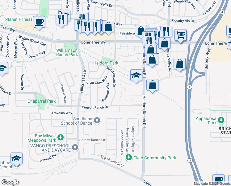map of restaurants, bars, coffee shops, grocery stores, and more near 5471 Summerfield Drive in Antioch