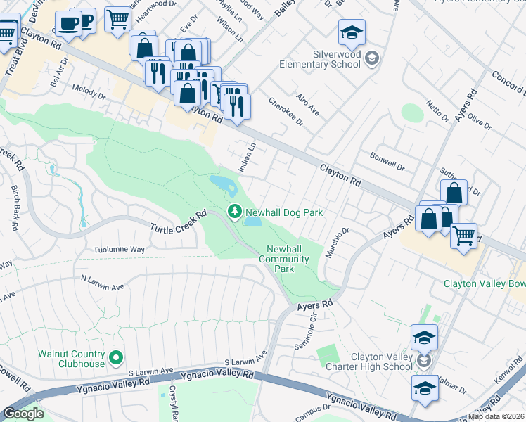 map of restaurants, bars, coffee shops, grocery stores, and more near 1442 Bassett Drive in Concord