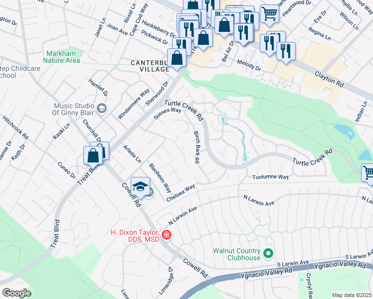 map of restaurants, bars, coffee shops, grocery stores, and more near 4384 Pembroke Drive in Concord