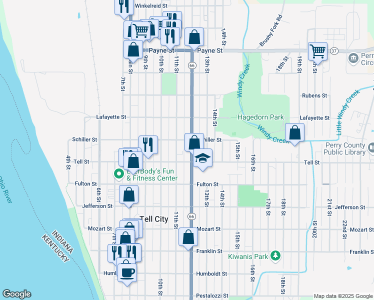 map of restaurants, bars, coffee shops, grocery stores, and more near 1026 12th Street in Tell City