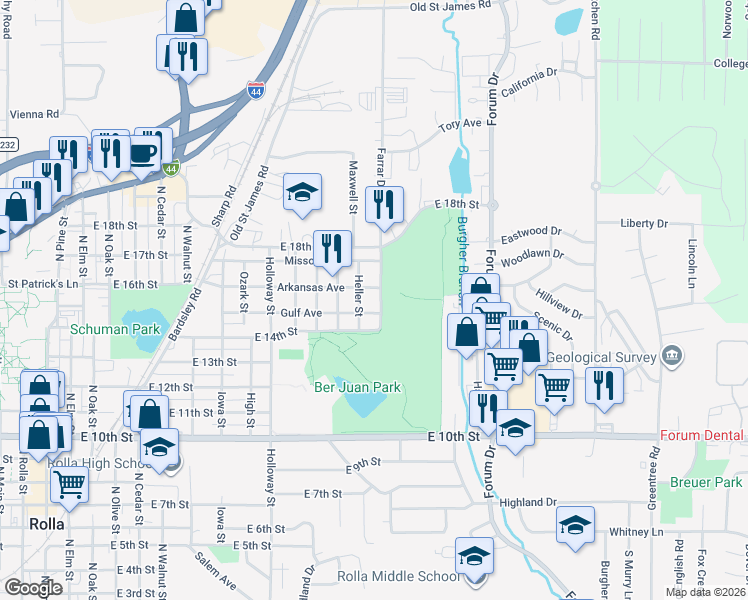 map of restaurants, bars, coffee shops, grocery stores, and more near 1504 Heller Street in Rolla