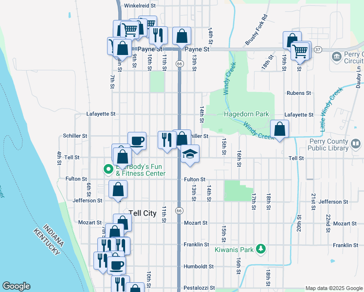 map of restaurants, bars, coffee shops, grocery stores, and more near 1026 12th Street in Tell City