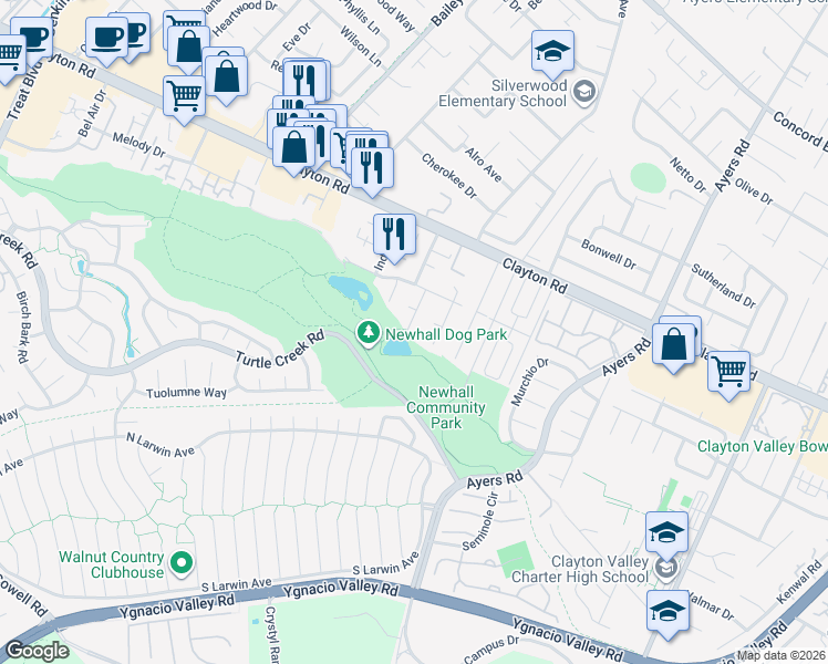 map of restaurants, bars, coffee shops, grocery stores, and more near 1442 Bassett Drive in Concord