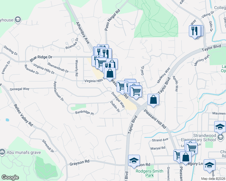 map of restaurants, bars, coffee shops, grocery stores, and more near 2 Donegal Way in Martinez