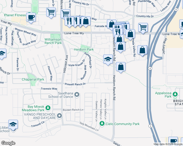 map of restaurants, bars, coffee shops, grocery stores, and more near 5471 Summerfield Drive in Antioch