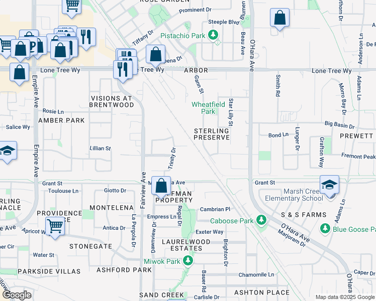 map of restaurants, bars, coffee shops, grocery stores, and more near 1300 Baylaurel Court in Brentwood
