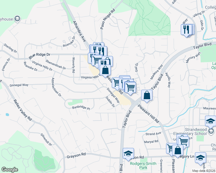 map of restaurants, bars, coffee shops, grocery stores, and more near 119 Donegal Way in Martinez