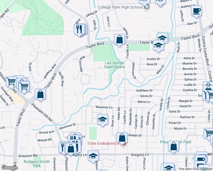 map of restaurants, bars, coffee shops, grocery stores, and more near 570 Best Road in Pleasant Hill