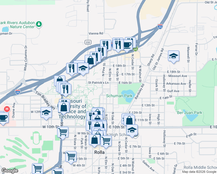map of restaurants, bars, coffee shops, grocery stores, and more near 100 West 15th Street in Rolla