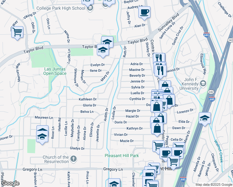 map of restaurants, bars, coffee shops, grocery stores, and more near 1778 Ruth Drive in Pleasant Hill