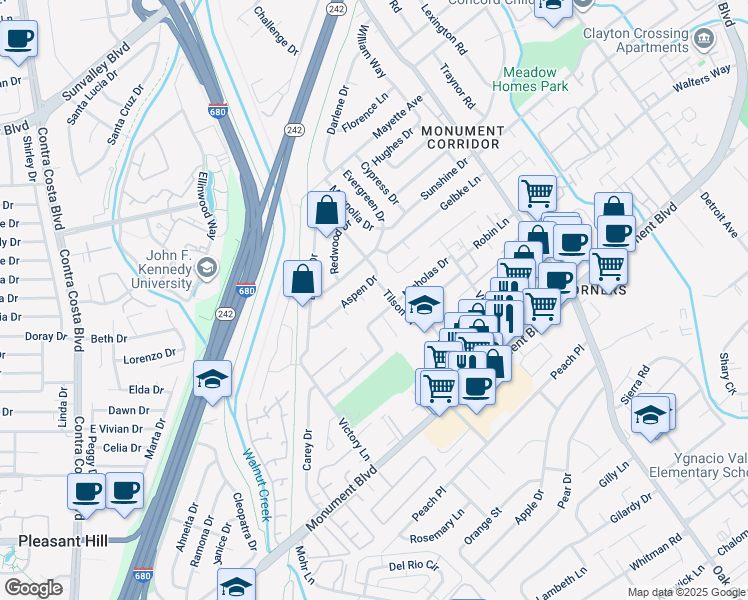 map of restaurants, bars, coffee shops, grocery stores, and more near 1186 Schofield Court in Concord