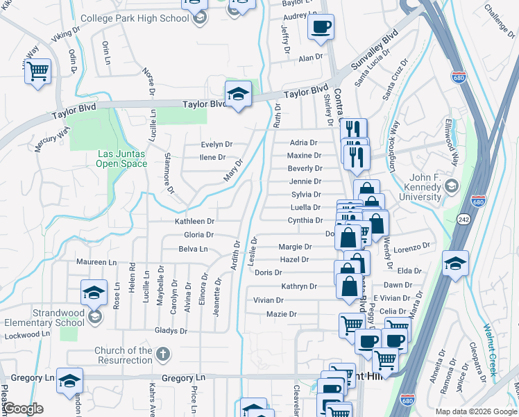 map of restaurants, bars, coffee shops, grocery stores, and more near 1778 Ruth Drive in Pleasant Hill
