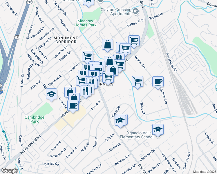 map of restaurants, bars, coffee shops, grocery stores, and more near 2050 Monument Boulevard in Concord