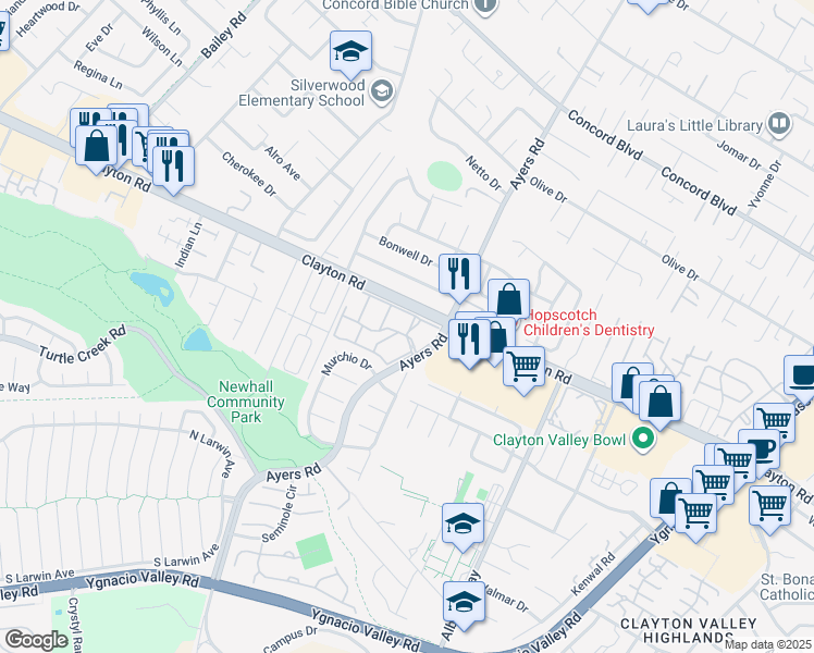 map of restaurants, bars, coffee shops, grocery stores, and more near 5075 Valley Crest Drive in Concord