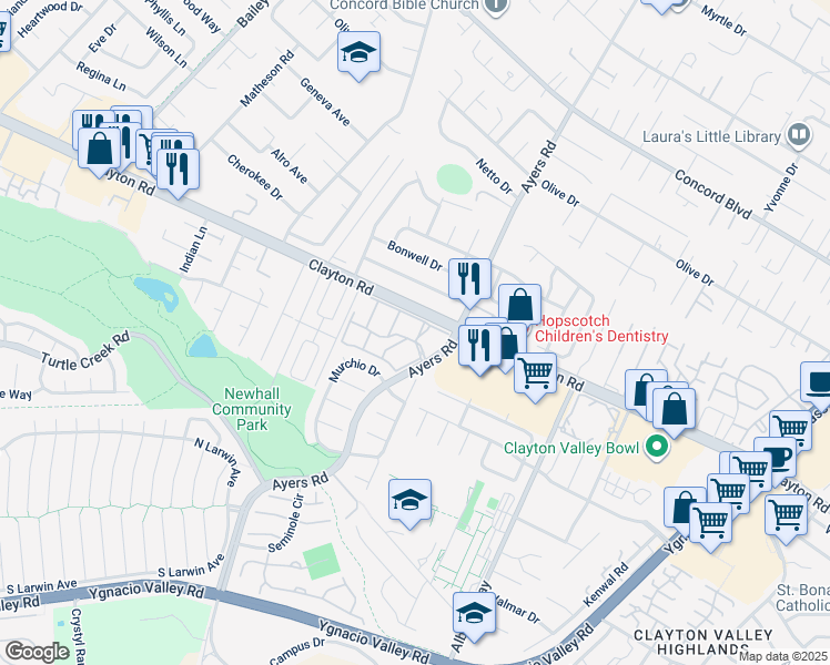map of restaurants, bars, coffee shops, grocery stores, and more near 5075 Valley Crest Drive in Concord