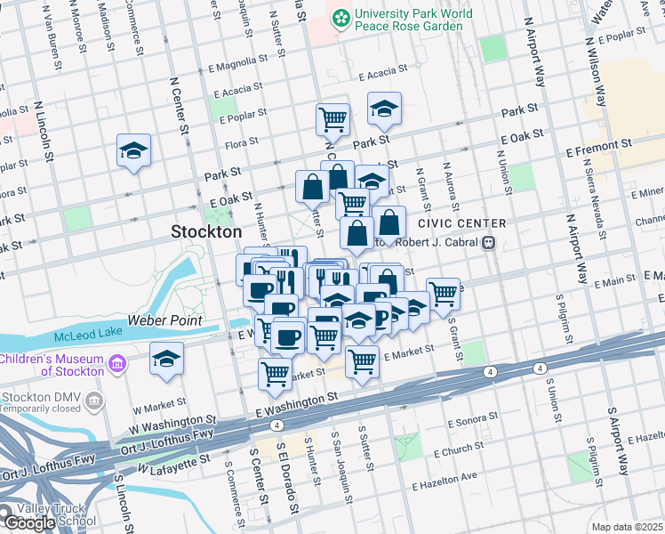 map of restaurants, bars, coffee shops, grocery stores, and more near 242 North Sutter Street in Stockton