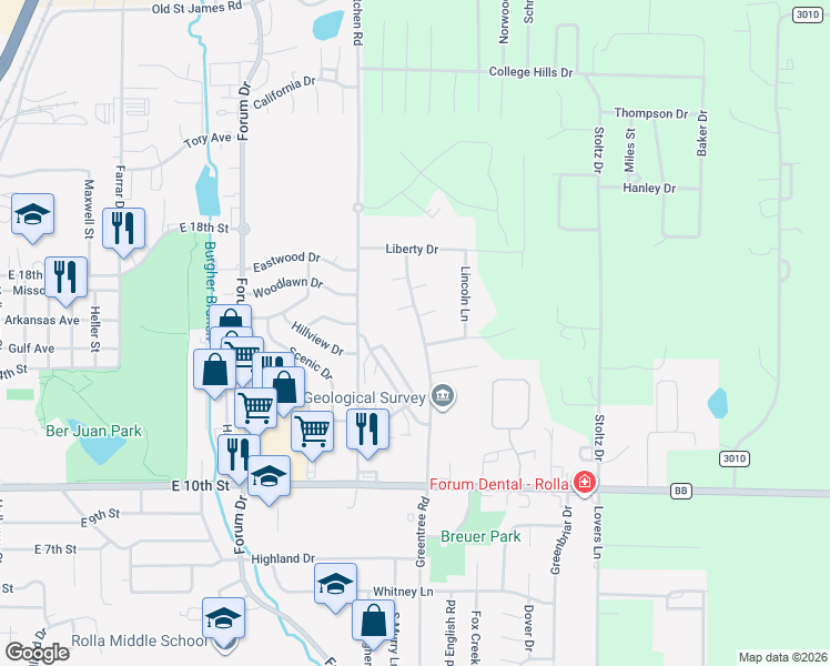 map of restaurants, bars, coffee shops, grocery stores, and more near 1603 Independence Road in Rolla