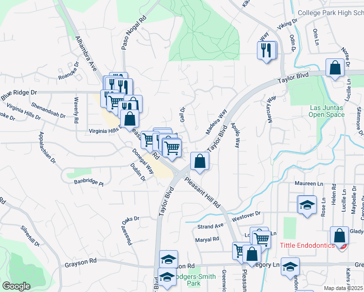 map of restaurants, bars, coffee shops, grocery stores, and more near 5 Pomfret Walk in Pleasant Hill