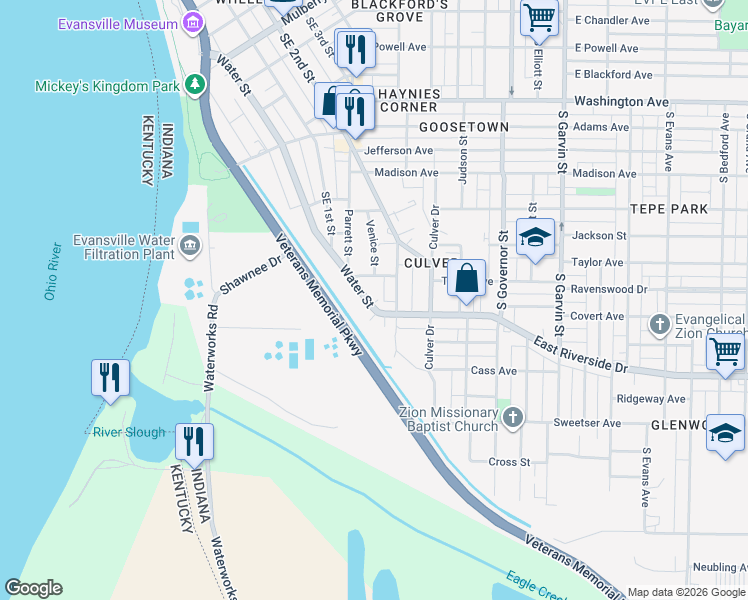 map of restaurants, bars, coffee shops, grocery stores, and more near 1533 Southeast Riverside Drive in Evansville