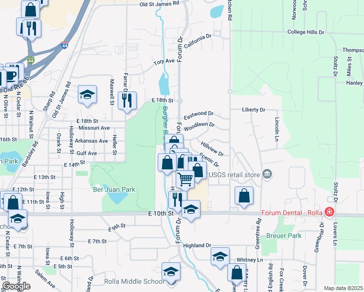 map of restaurants, bars, coffee shops, grocery stores, and more near 1504 Forum Drive in Rolla