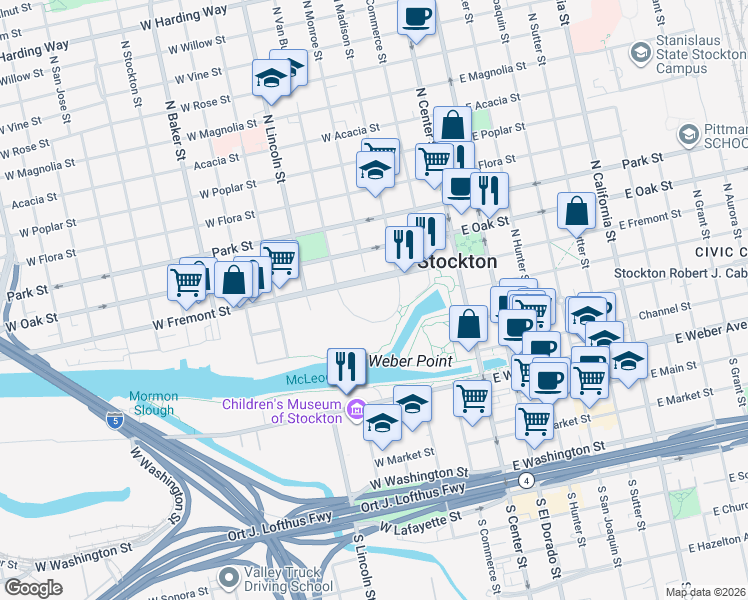 map of restaurants, bars, coffee shops, grocery stores, and more near 248 West Fremont Street in Stockton