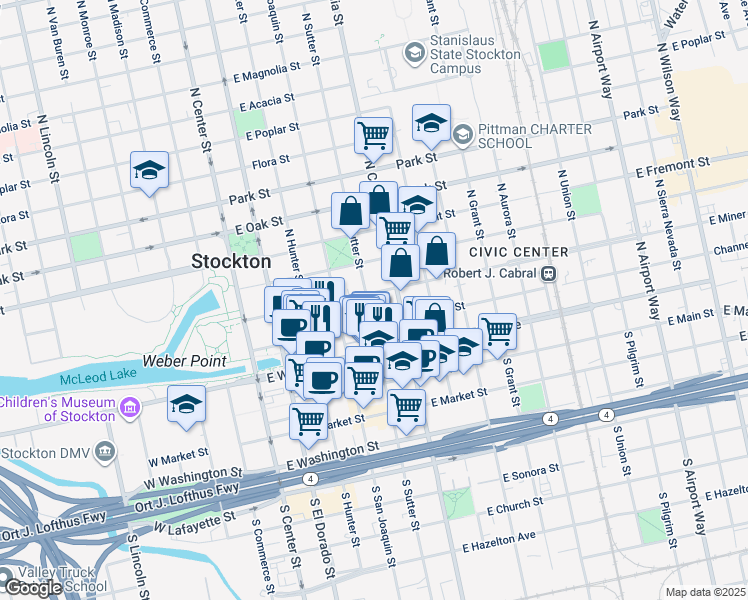 map of restaurants, bars, coffee shops, grocery stores, and more near 342 East Miner Avenue in Stockton