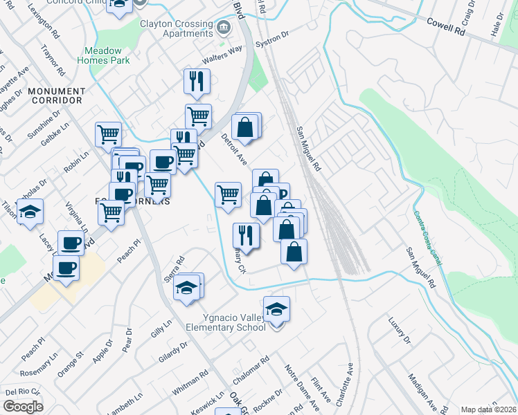 map of restaurants, bars, coffee shops, grocery stores, and more near 1089 Shary Circle in Concord