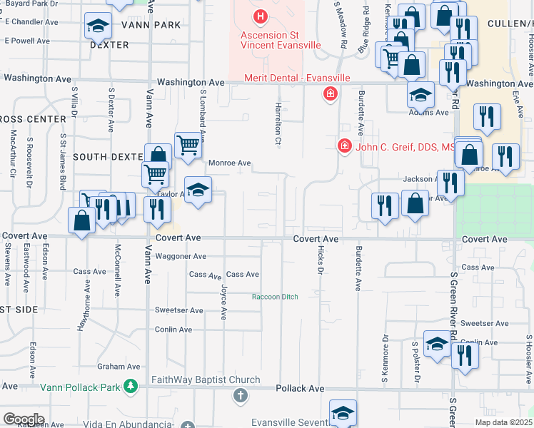 map of restaurants, bars, coffee shops, grocery stores, and more near 3812 Justus Court in Evansville