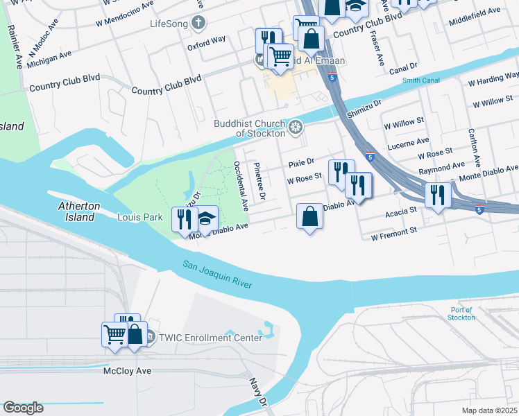 map of restaurants, bars, coffee shops, grocery stores, and more near 2240 De Ovan Ave in Stockton