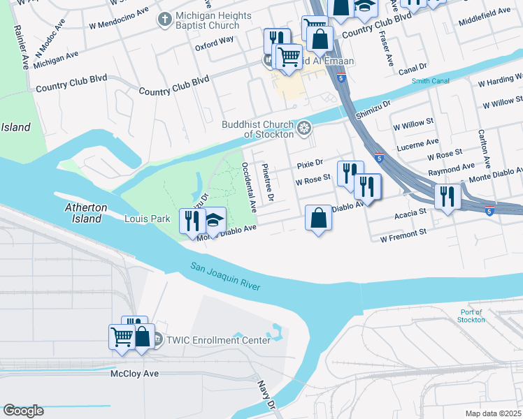 map of restaurants, bars, coffee shops, grocery stores, and more near 2240 De Ovan Ave in Stockton