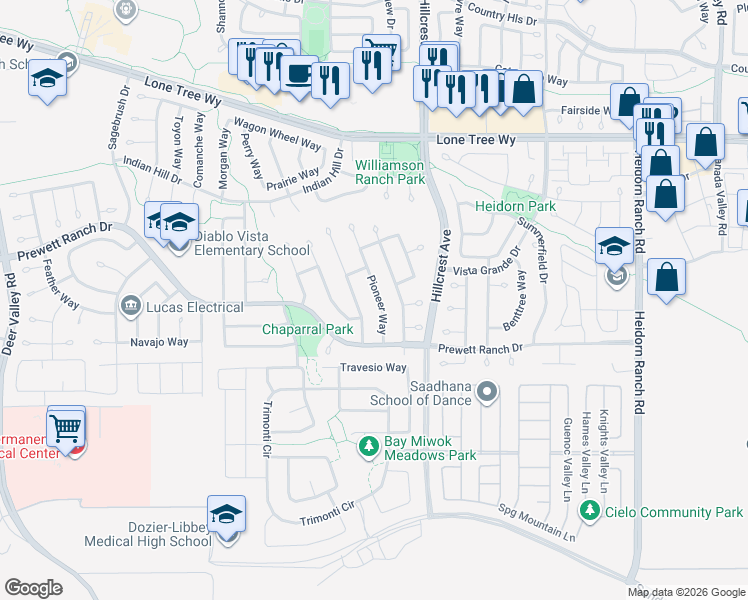 map of restaurants, bars, coffee shops, grocery stores, and more near 5153 Homestead Way in Antioch