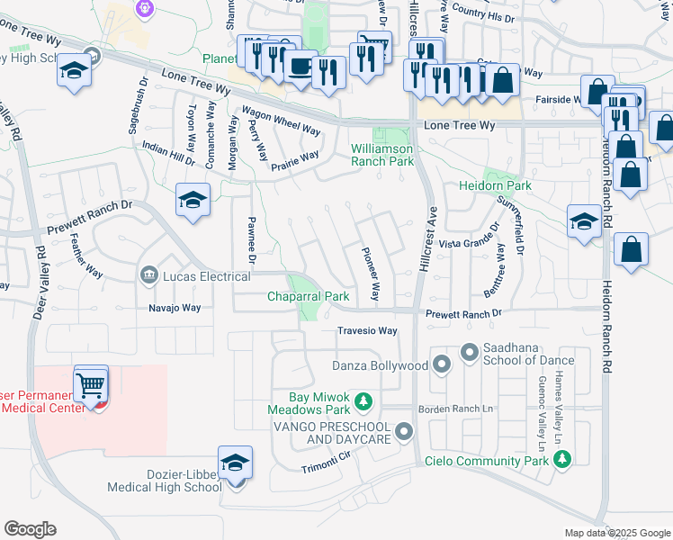 map of restaurants, bars, coffee shops, grocery stores, and more near 5206 Roundup Way in Antioch