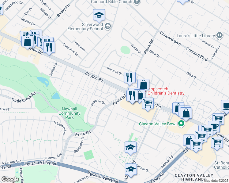 map of restaurants, bars, coffee shops, grocery stores, and more near 5075 Valley Crest Drive in Concord
