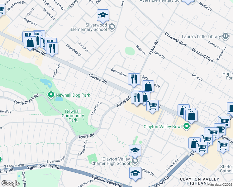 map of restaurants, bars, coffee shops, grocery stores, and more near 5075 Valley Crest Drive in Concord