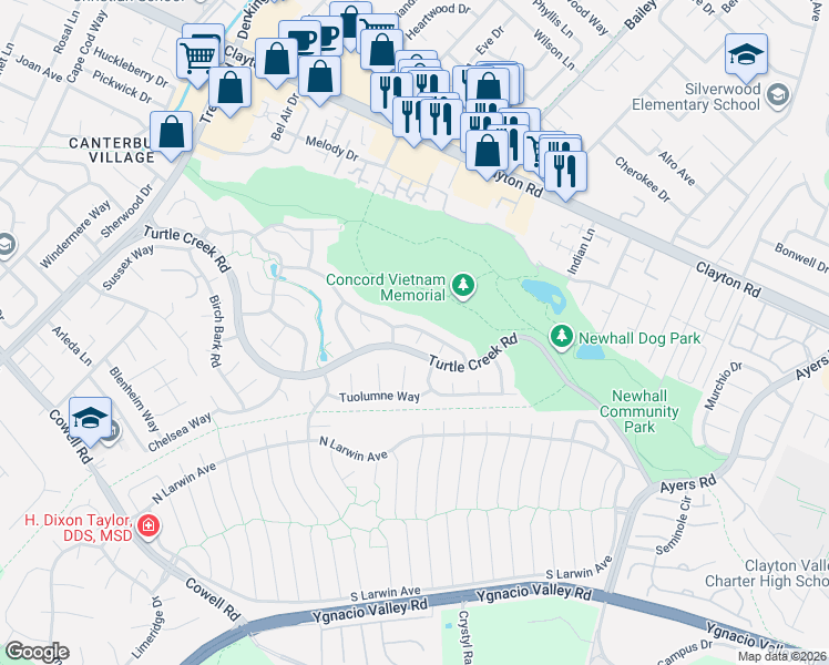 map of restaurants, bars, coffee shops, grocery stores, and more near 1253 Cougar Lane in Concord
