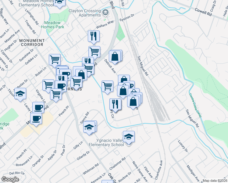 map of restaurants, bars, coffee shops, grocery stores, and more near 1059 Detroit Avenue in Concord