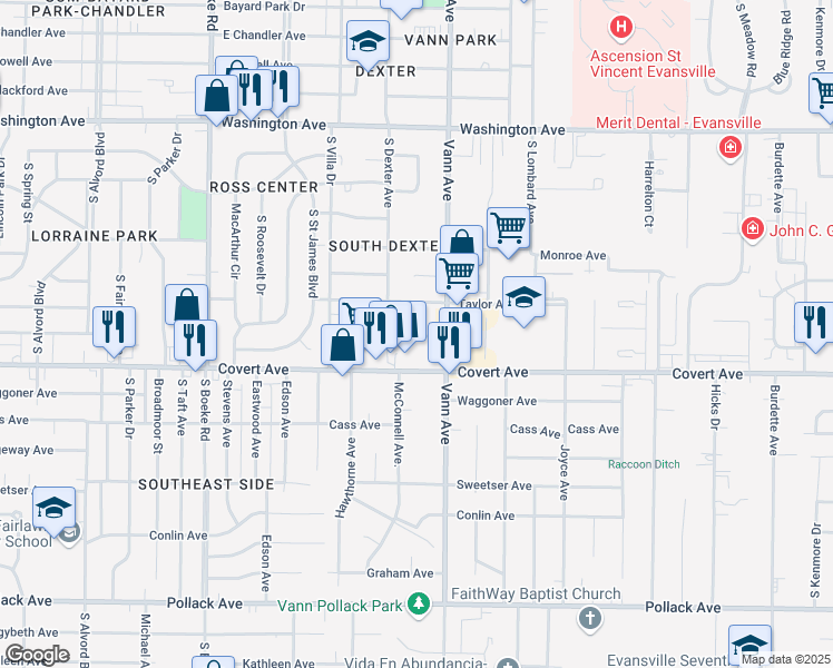map of restaurants, bars, coffee shops, grocery stores, and more near 3007 Ravenswood Dr in Evansville