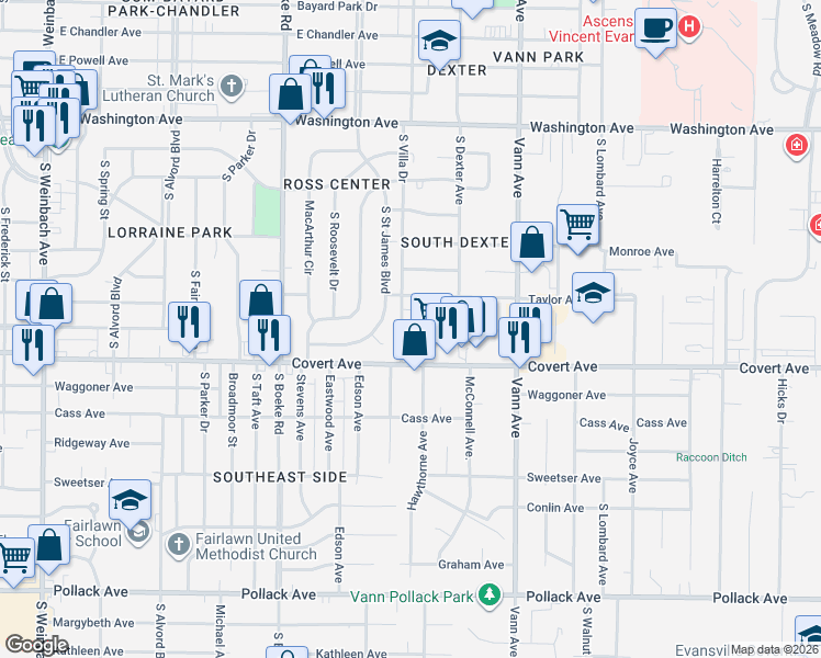 map of restaurants, bars, coffee shops, grocery stores, and more near 2637 Ravenswood Drive in Evansville