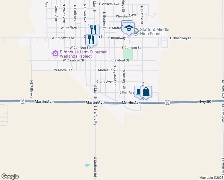 map of restaurants, bars, coffee shops, grocery stores, and more near 248-298 East Fair Avenue in Stafford