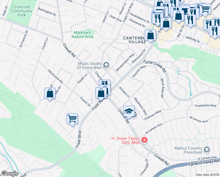map of restaurants, bars, coffee shops, grocery stores, and more near 1216 Sherlock Way in Concord