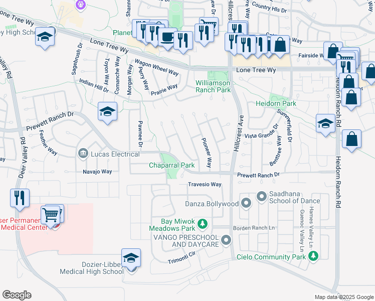 map of restaurants, bars, coffee shops, grocery stores, and more near 5206 Roundup Way in Antioch