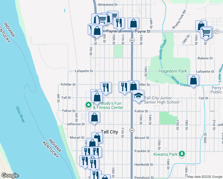 map of restaurants, bars, coffee shops, grocery stores, and more near 1001-1099 10th Street in Tell City