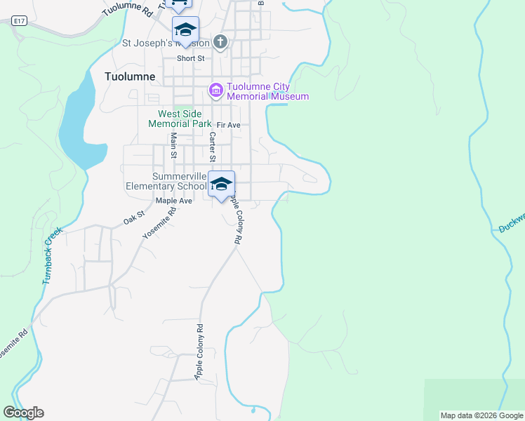 map of restaurants, bars, coffee shops, grocery stores, and more near 18599 Maple Avenue in Tuolumne