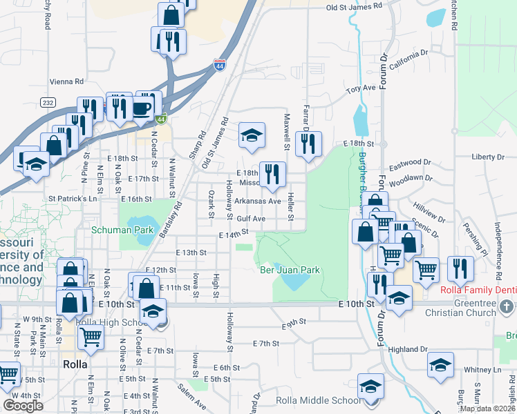 map of restaurants, bars, coffee shops, grocery stores, and more near 1502 Leroy Street in Rolla