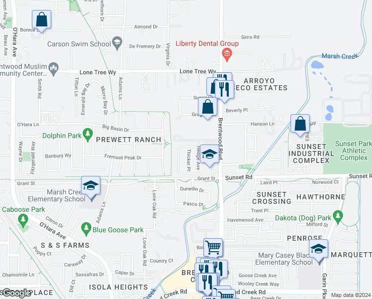 map of restaurants, bars, coffee shops, grocery stores, and more near 208 Brushwood Place in Brentwood